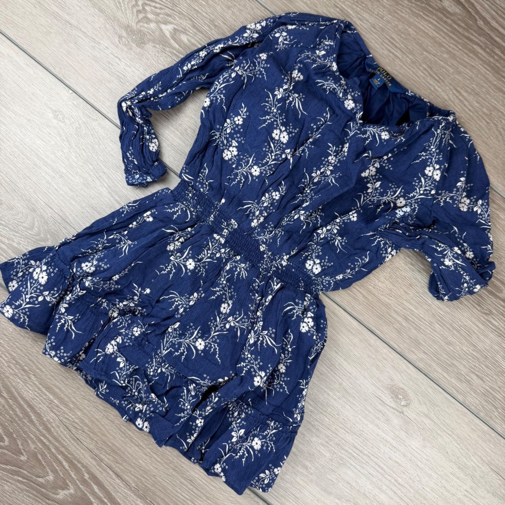 Polo Ralph Lauren Girls Dress Floral Smocked Waist Navy Blue Size 4